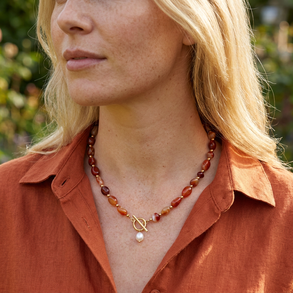 Banded Carnelian Pearl Necklace