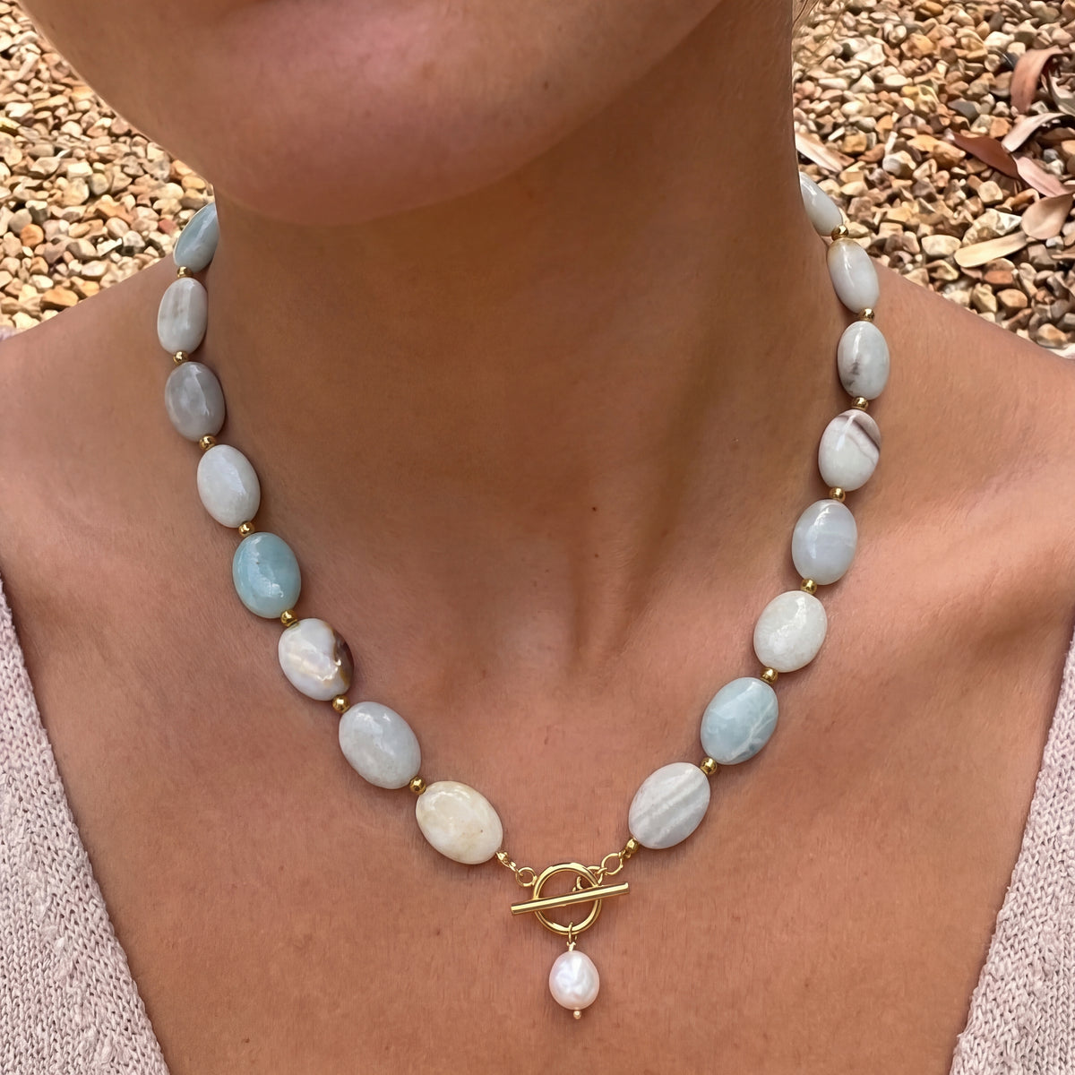 Amazonite Pebble Pearl Necklace