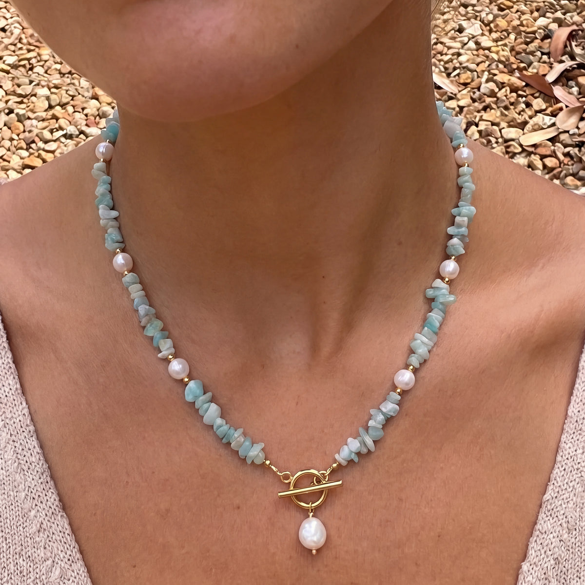 Amazonite Chip Pearl Necklace