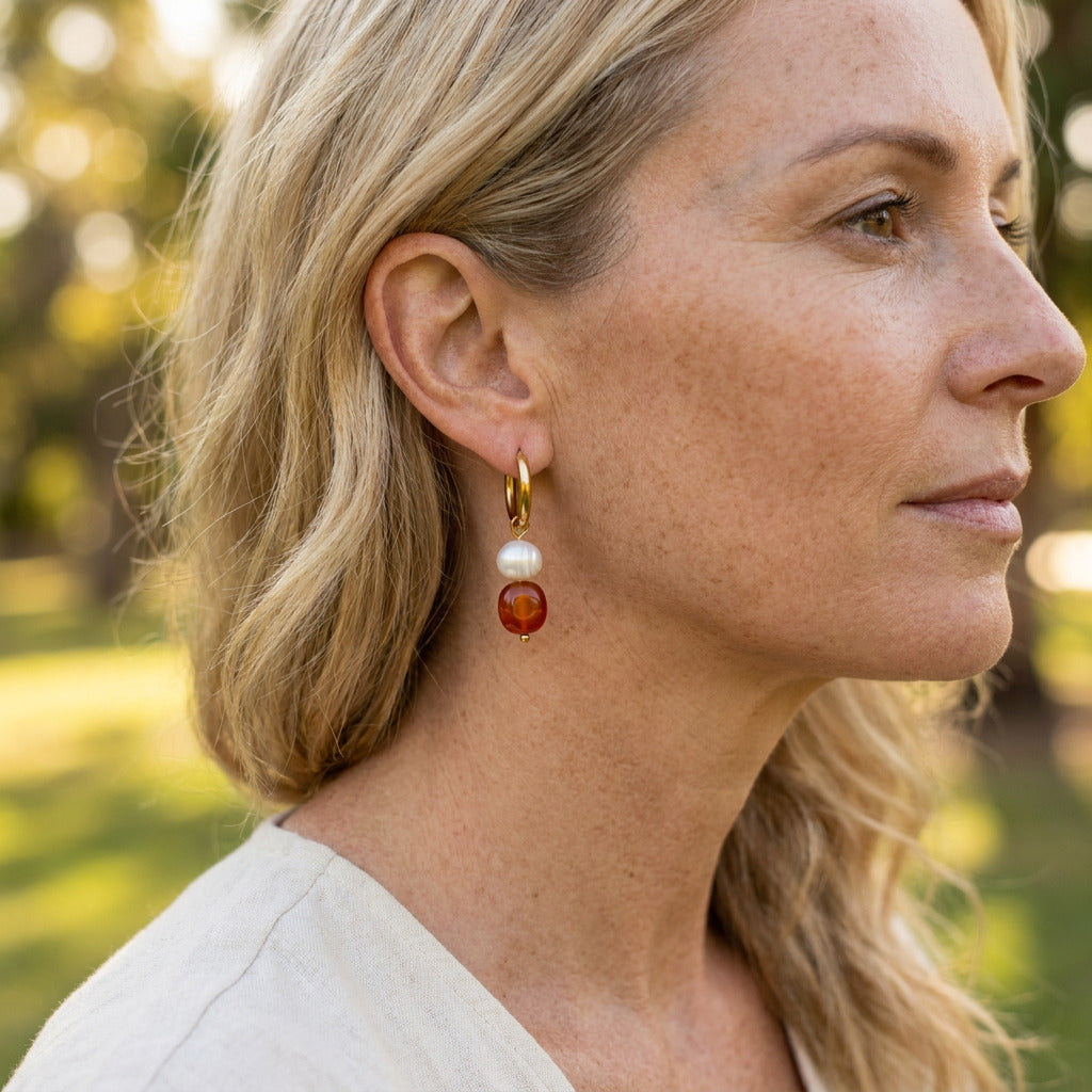 Carnelian Bead Pearl Hoops