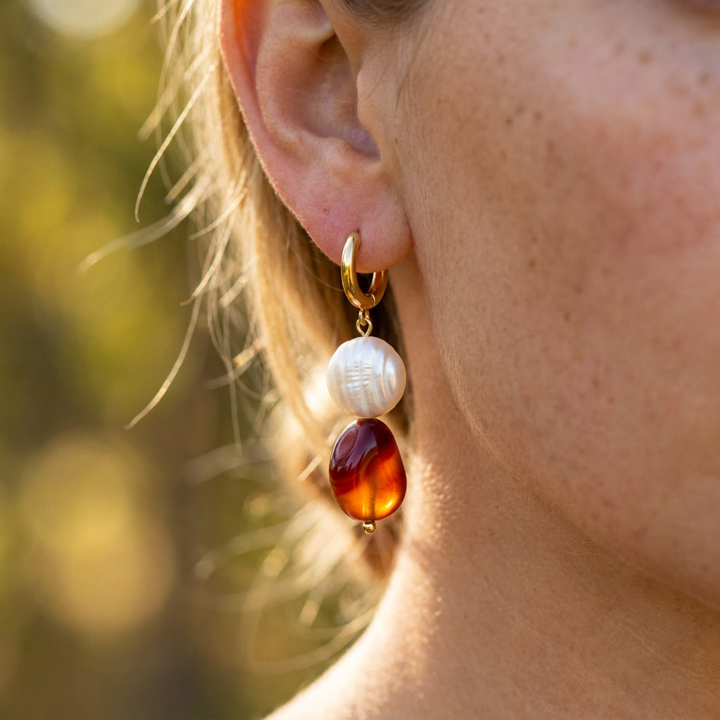 Carnelian Bead Pearl Hoops