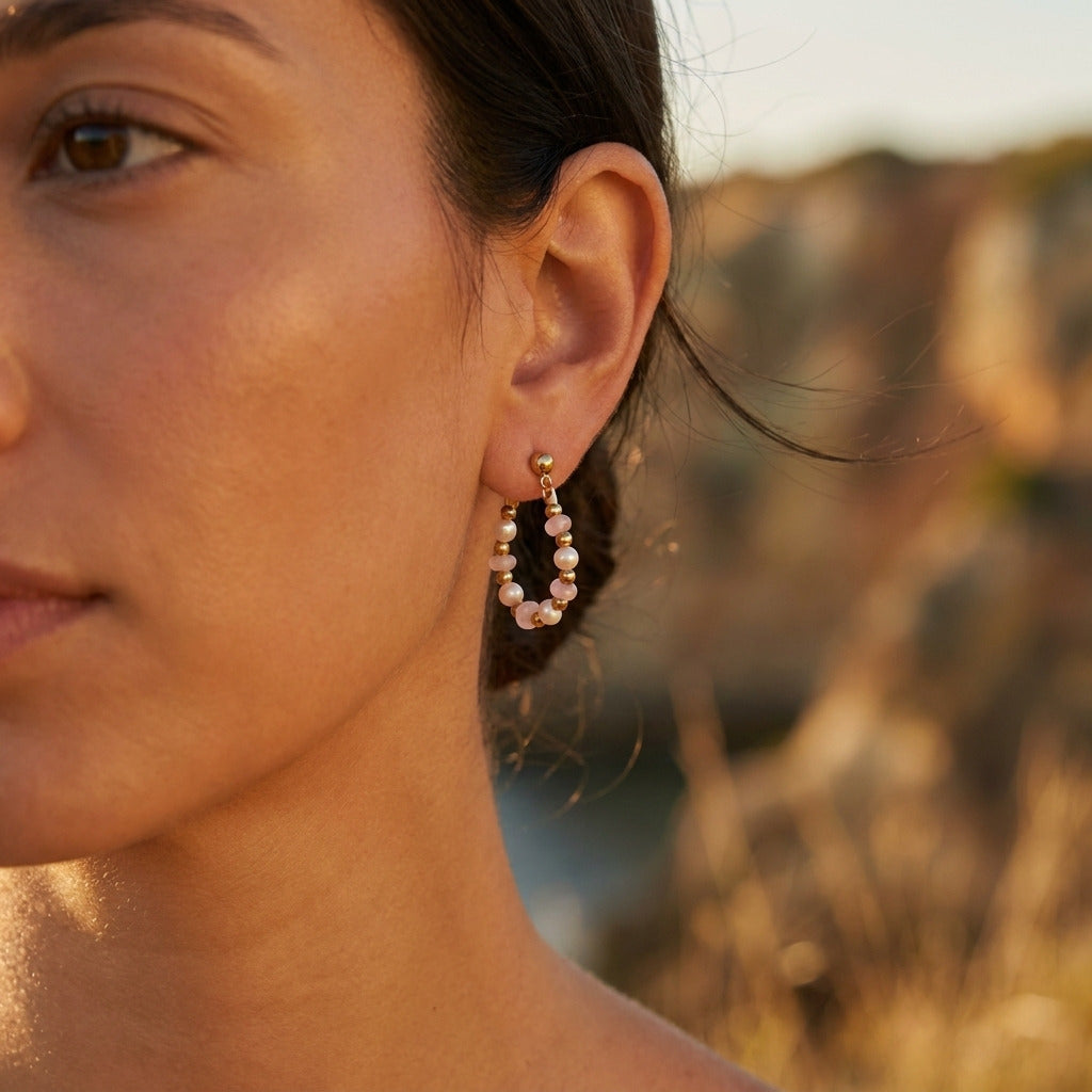 Pink Bead Pearl Hoops