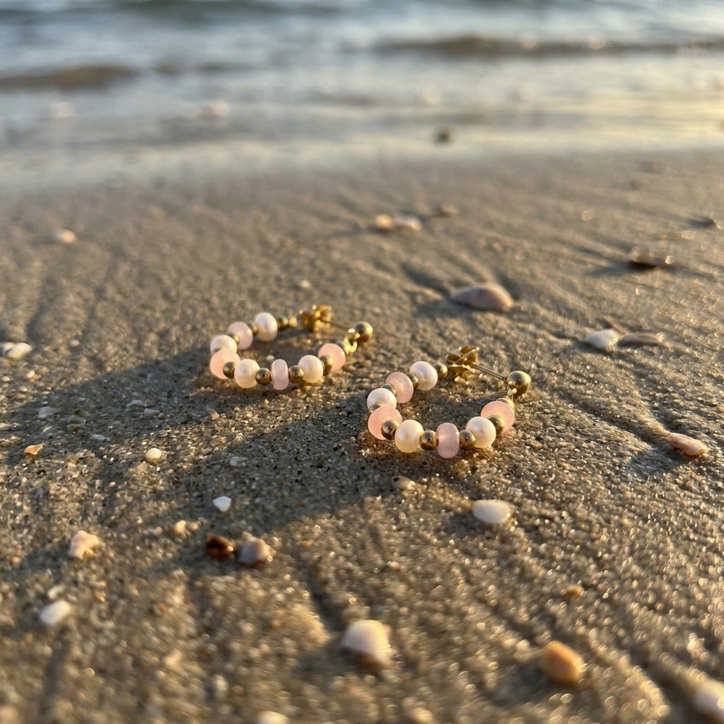 Pink Bead Pearl Hoops