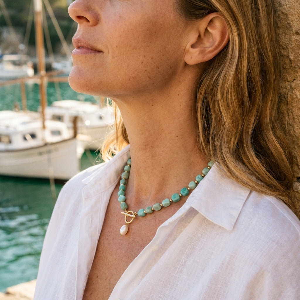 Amazonite Stone Pearl Necklace
