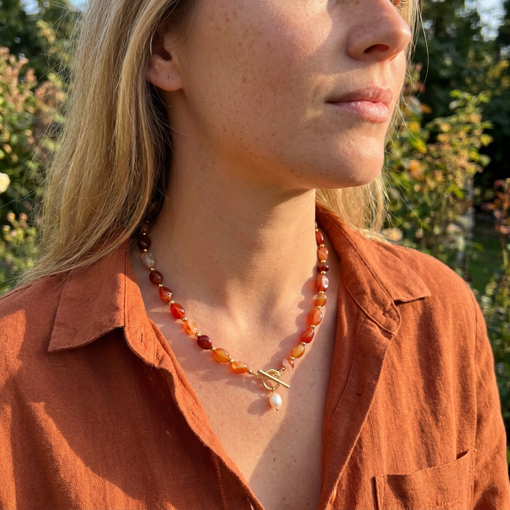 Banded Carnelian Pearl Necklace
