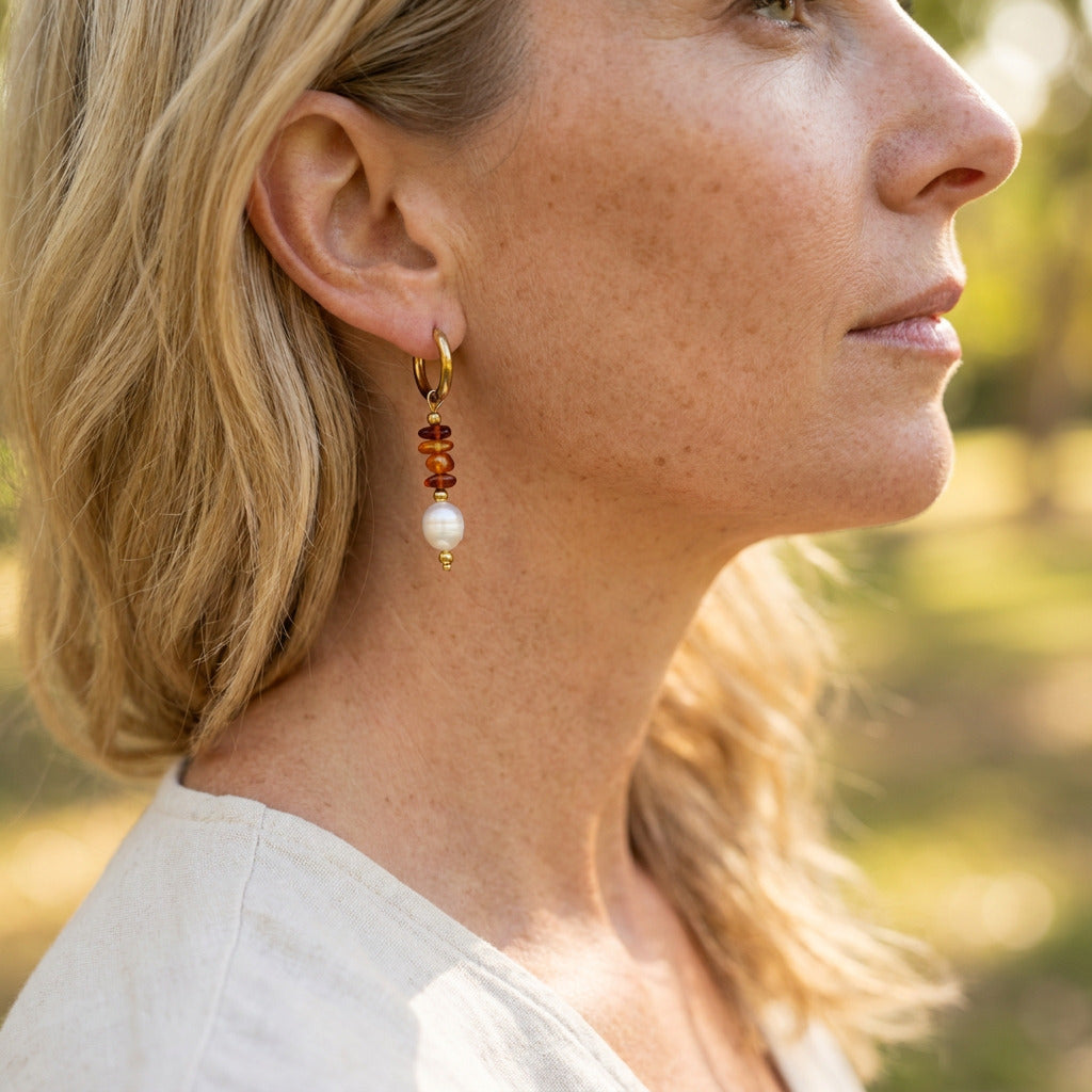 Amber Bead Pearl Hoops