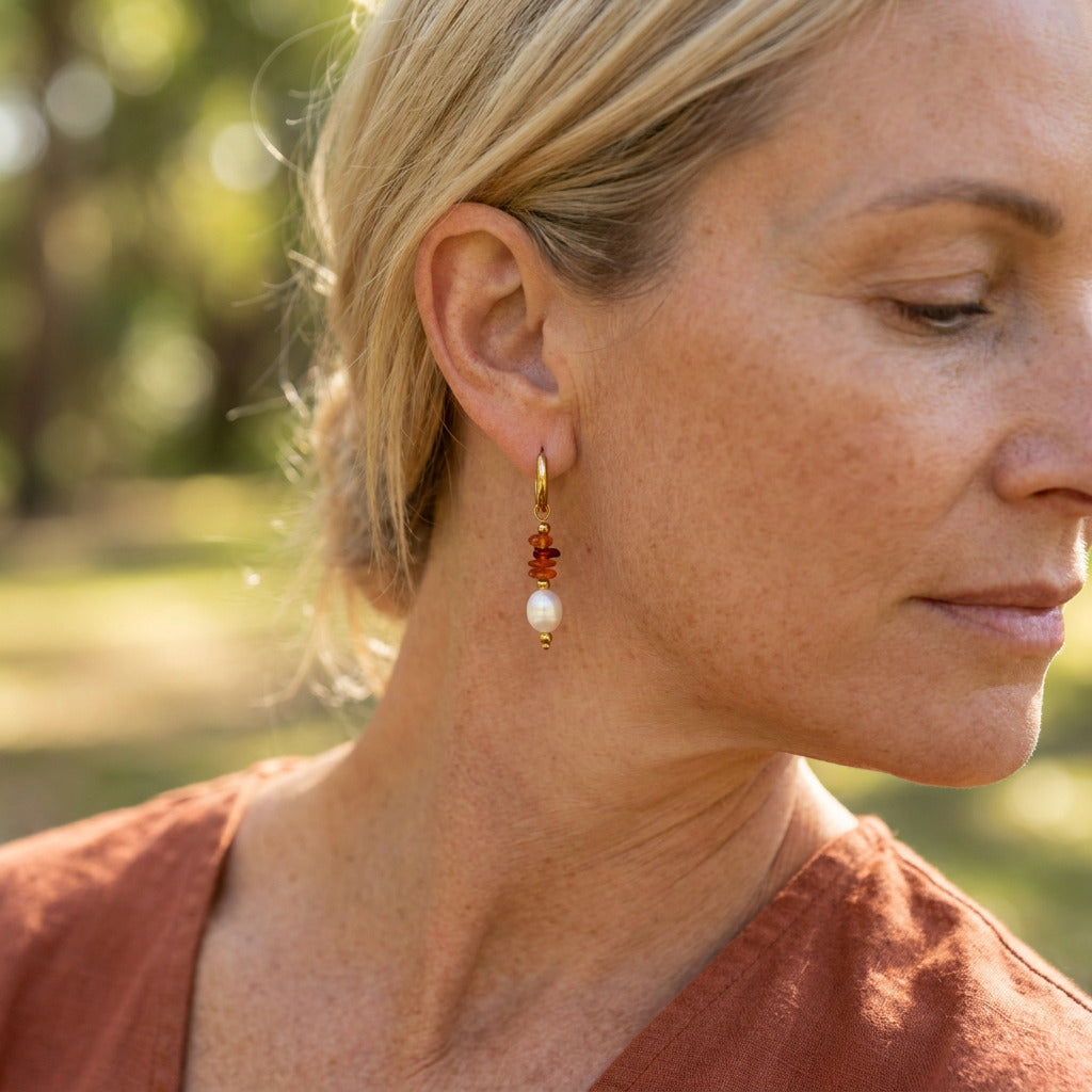 Amber Bead Pearl Hoops