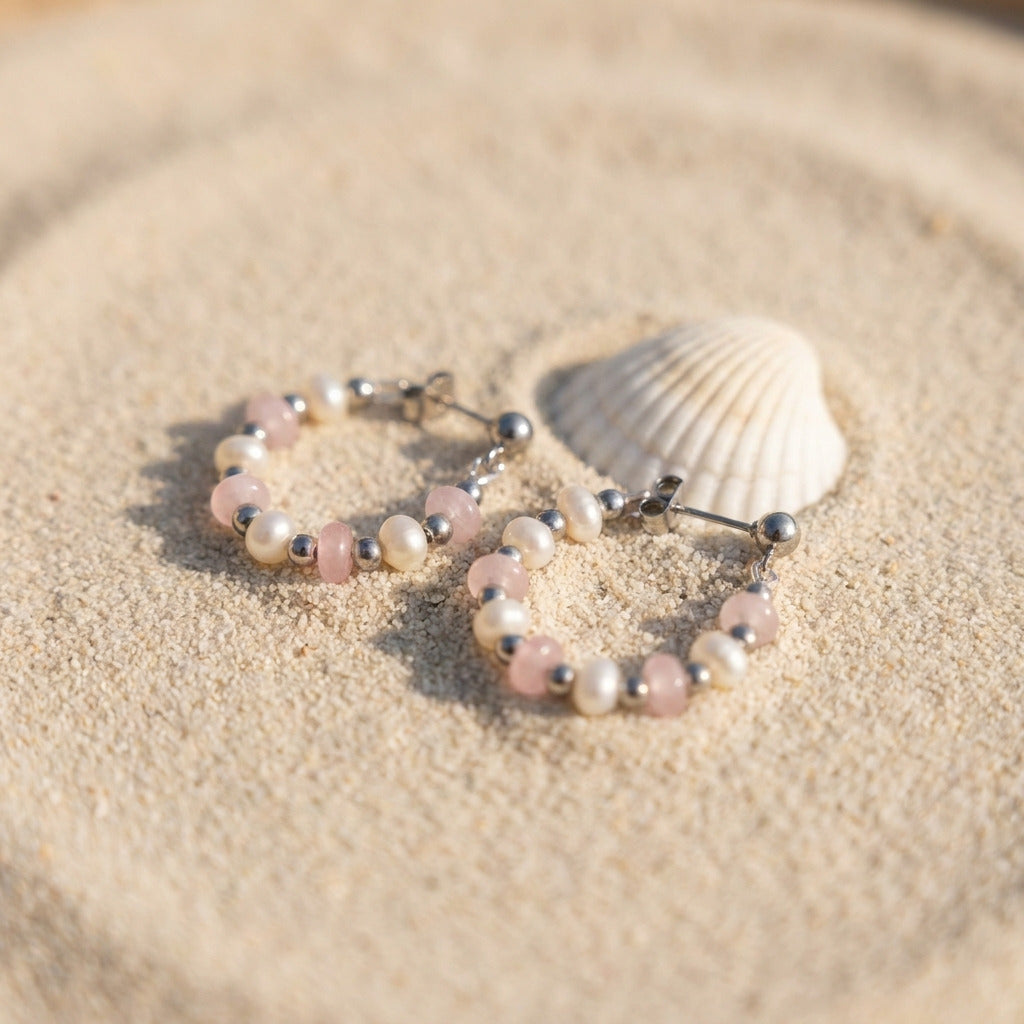 Pink Bead Pearl Hoops