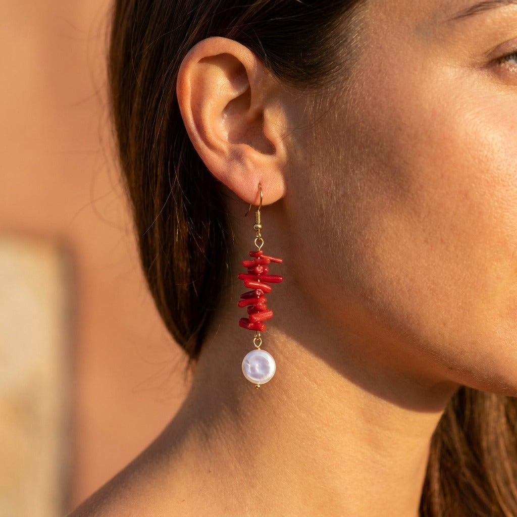 Red Coral Pearl Drop Earring