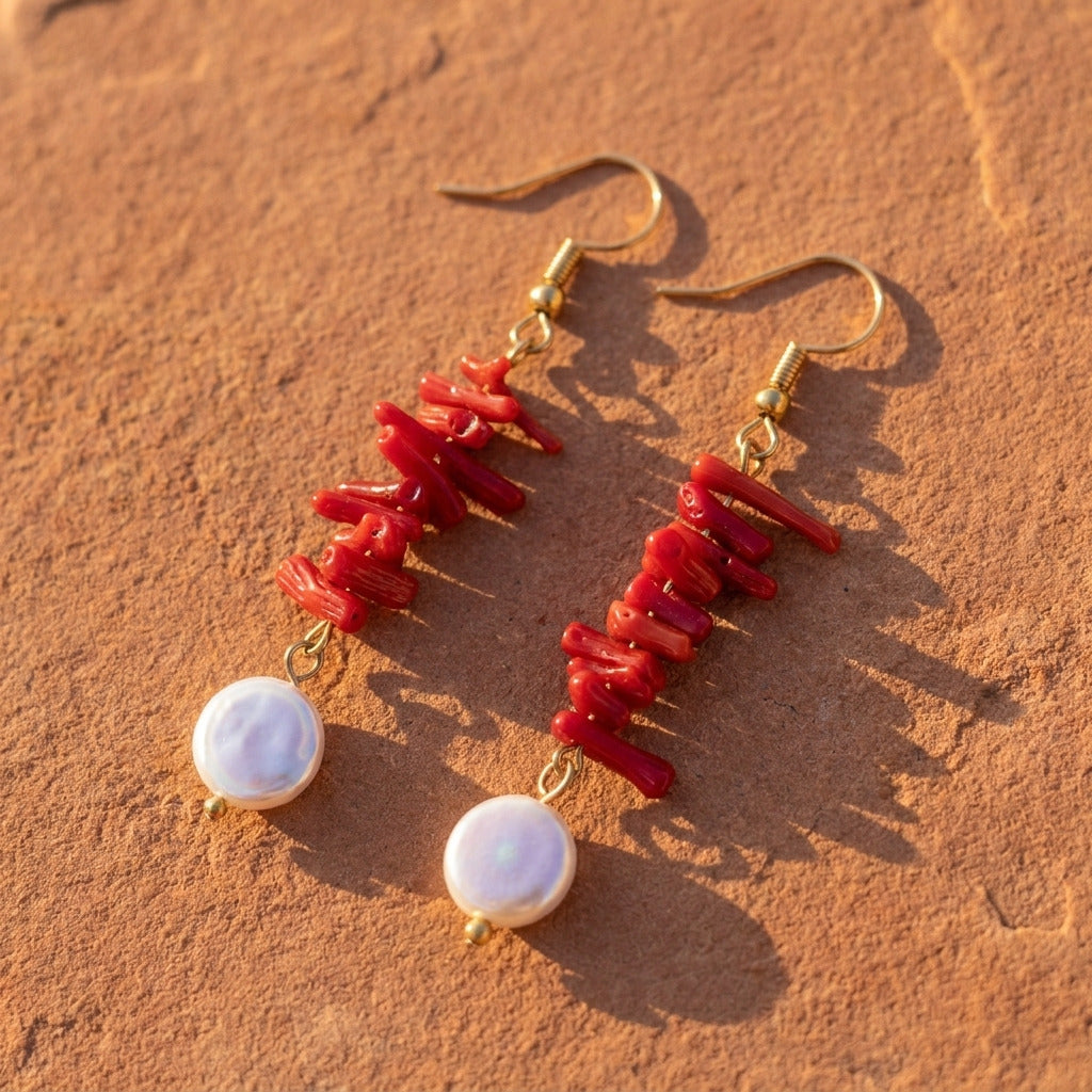 Red Coral Pearl Drop Earring