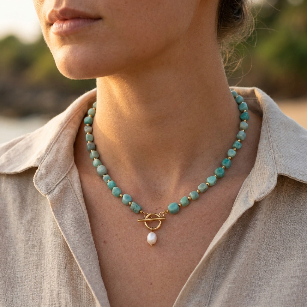 Amazonite Stone Pearl Necklace