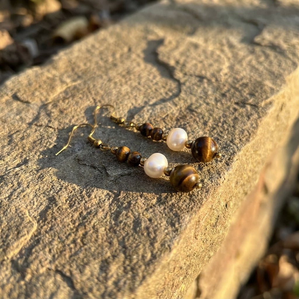 Tiger Eye Pearl Drop Earrings