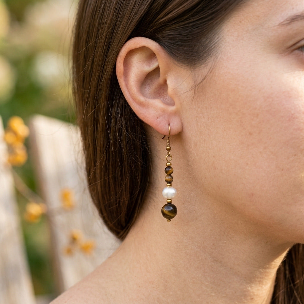 Tiger Eye Pearl Drop Earrings
