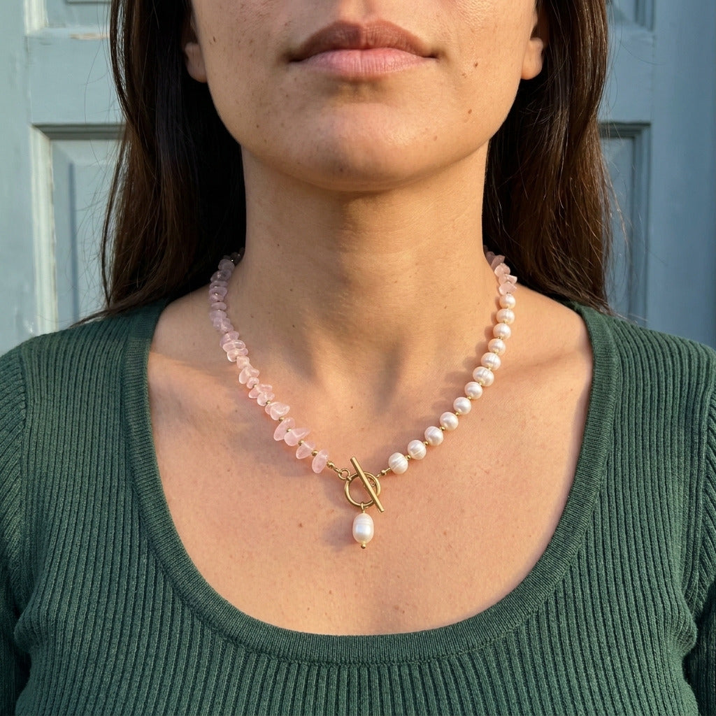 Pink Quartz Stone Pearl Necklace