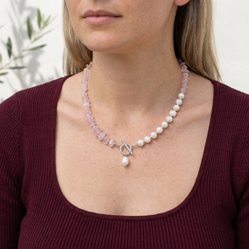 Pink Quartz Stone Pearl Necklace