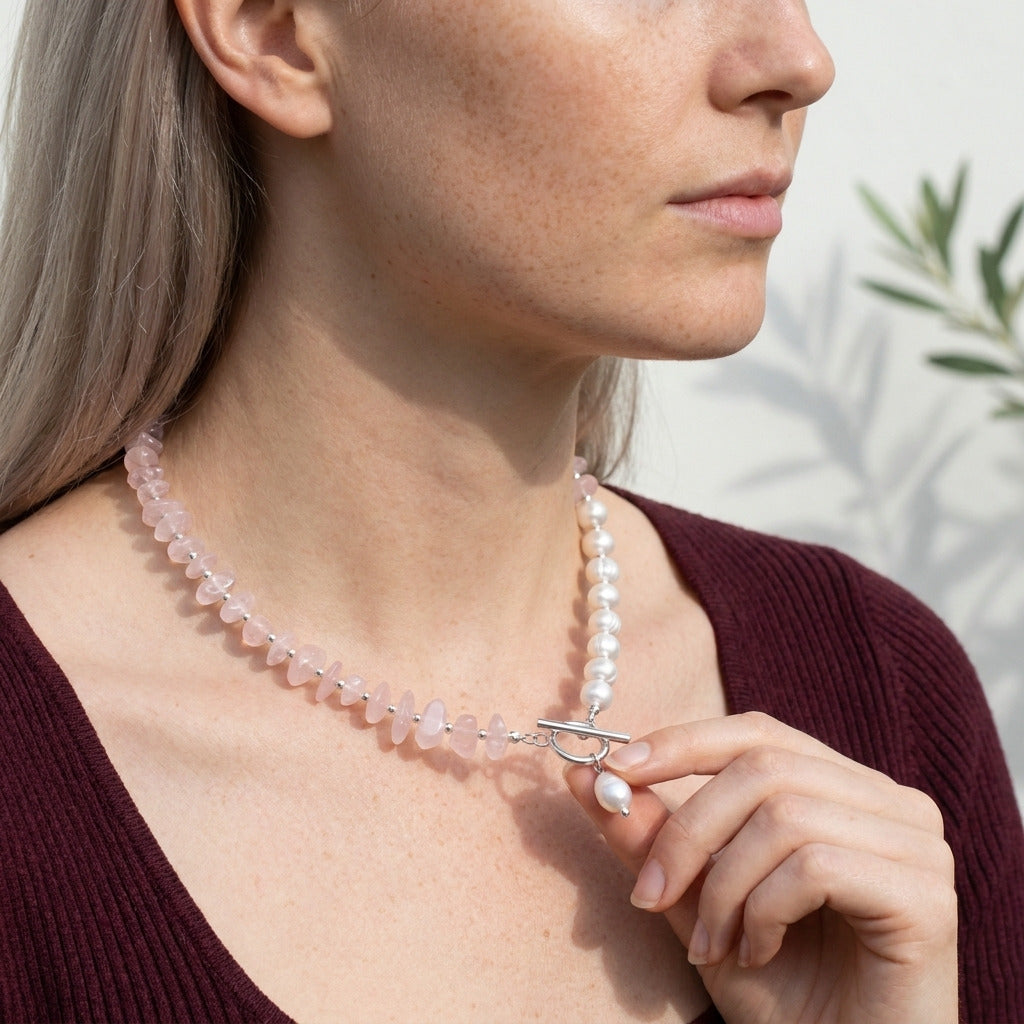 Pink Quartz Stone Pearl Necklace