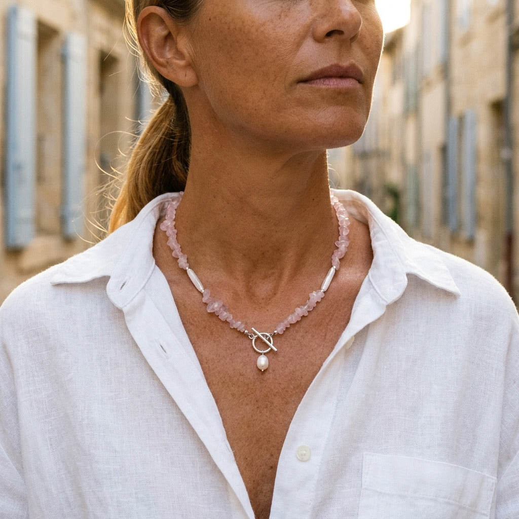 Pink Cloud Stone Pearl Necklace