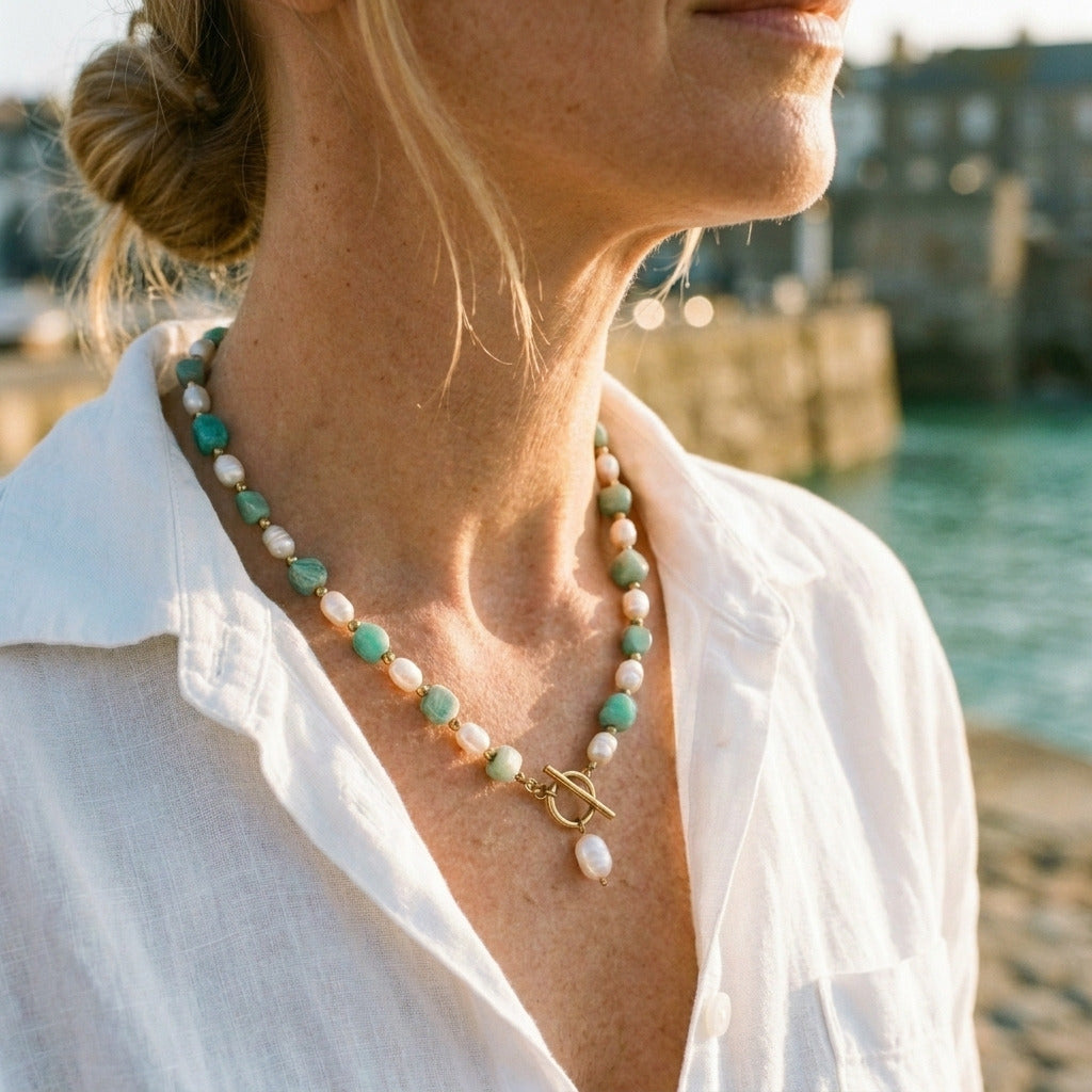Turquoise Mint Bead Pearl Necklace