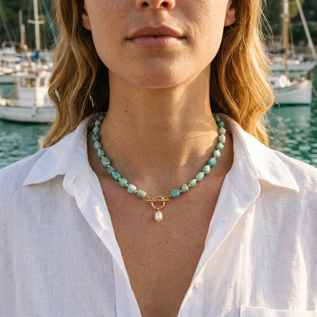 Amazonite Stone Pearl Necklace